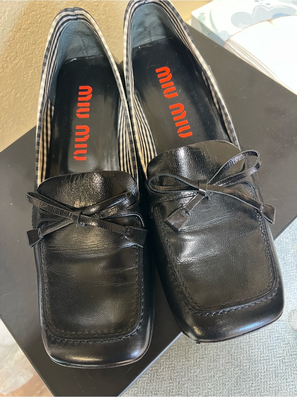 Miu Miu Black Leather Bow-Front Loafers